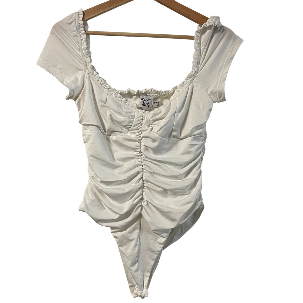 Princess Polly White Ruched Bodysuit Cap Sleeve Ruffle Trim Sweetheart US‎ 8